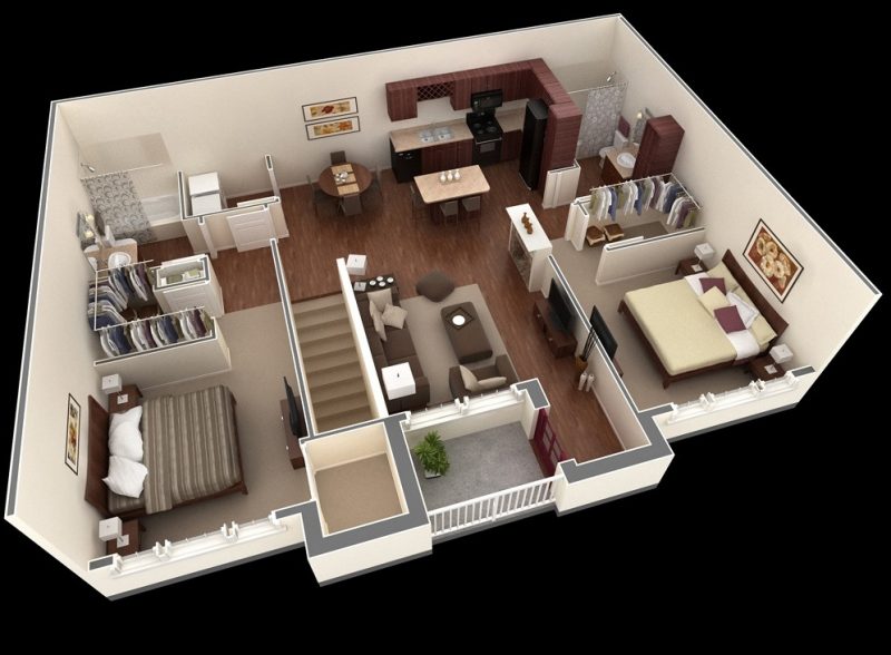 desain apartemen 2 kamar tidur kayu