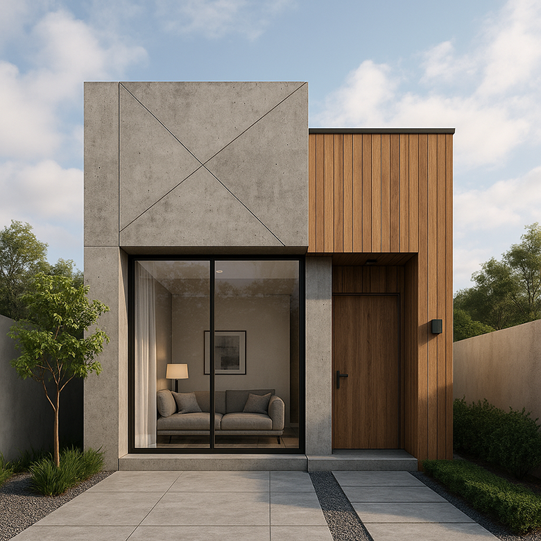 Desain rumah minimalis kontemporer Fasad Geometris dengan Kombinasi Beton dan Kayu