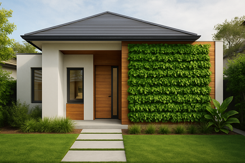 Desain rumah tipe 21 Minimalis Taman Vertikal di Dinding Fasad