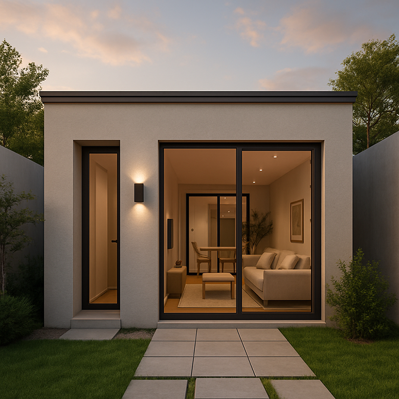 Desain Rumah Minimalis Kontemporer Ruang Tamu Terbuka ke Taman Belakang