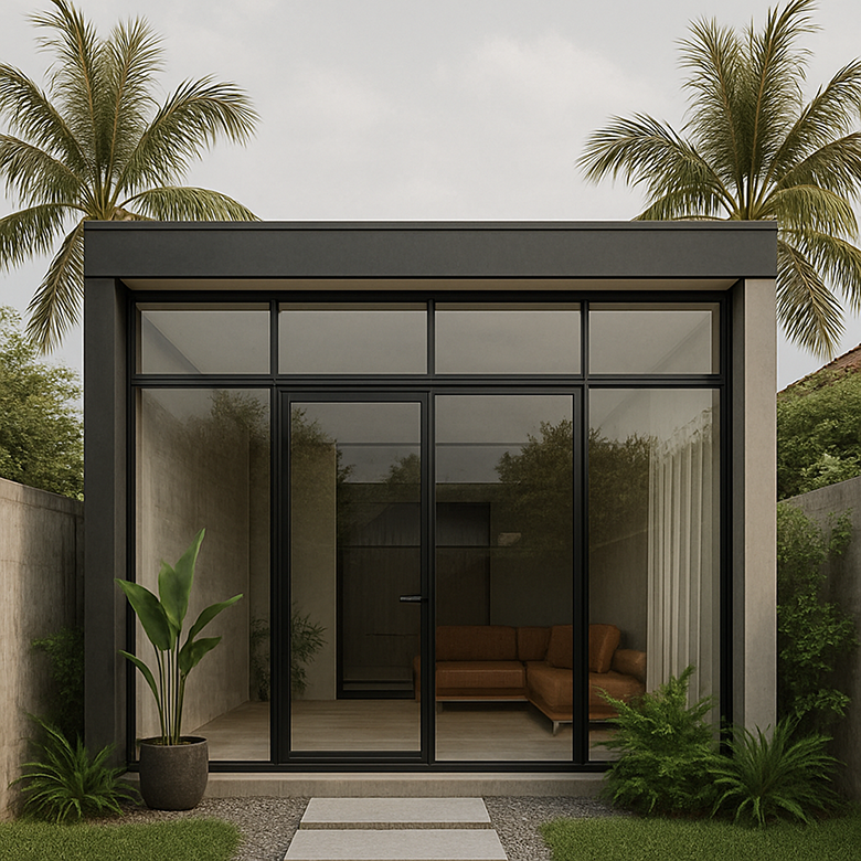 desain rumah tipe 21 minimalis dominasi aluminium dan kaca