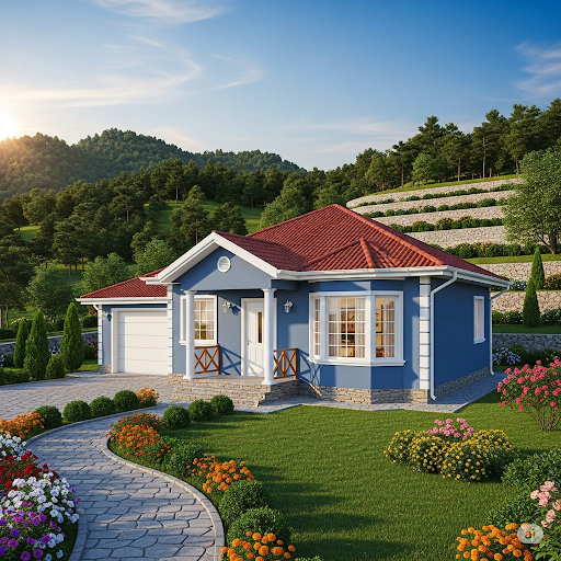 Desain Rumah Villa Warna Biru