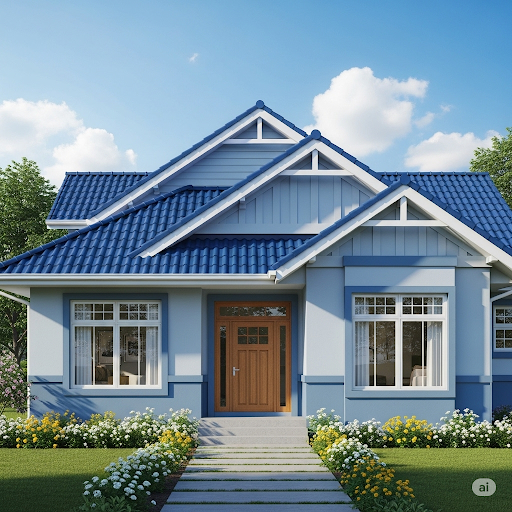 Rumah warna biru desain Klasik Modern