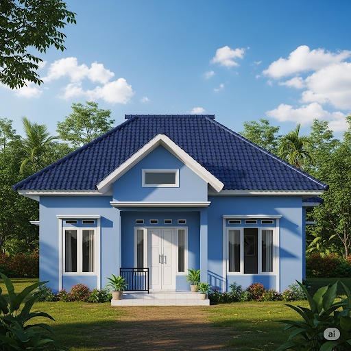 Rumah warna biru desain tradisional pedesaan